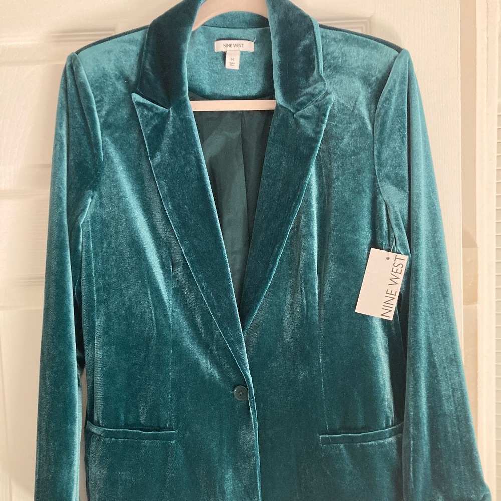 Nine West Velvet Blazer Size M Teal Blue